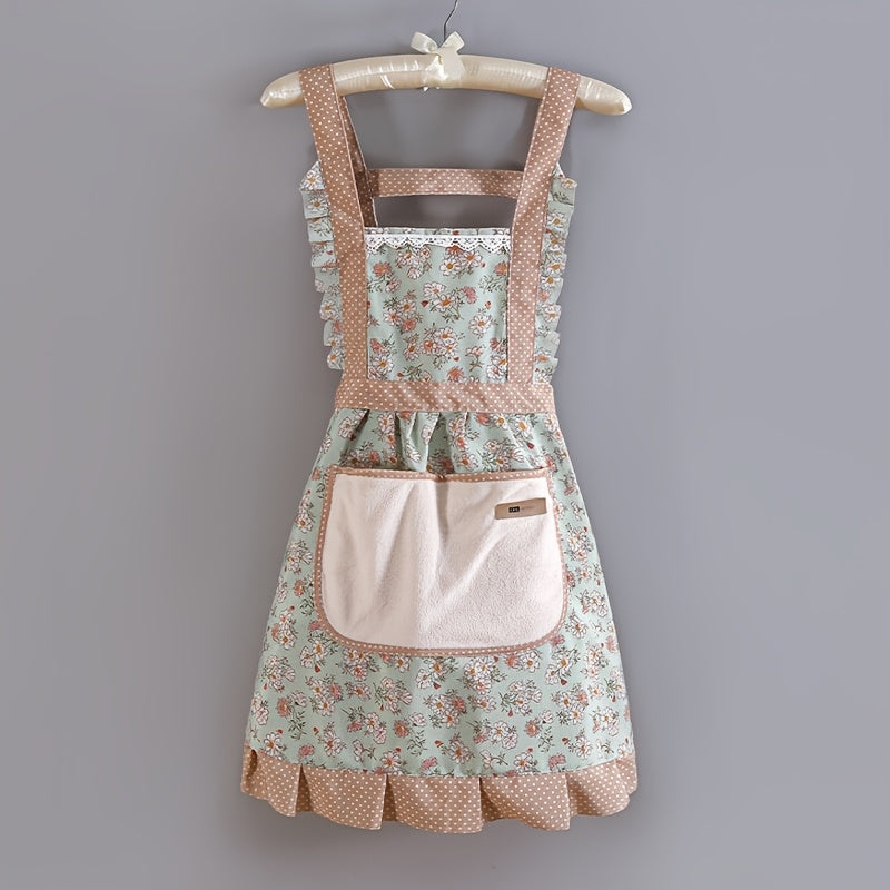 Floral Lace Princess Apron with Pocket for Kitchen and Bathroom Cleaning