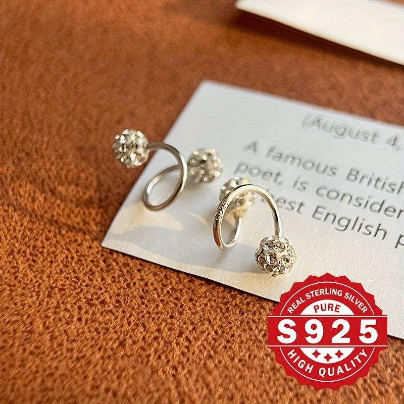 Sterling Silver Screw Ball Stud Earrings with Sparkling Buckle S Bar for Gift and Party