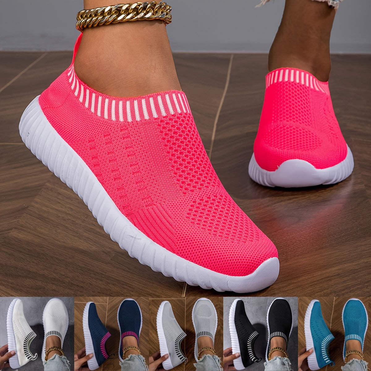 Women's Breathable Slip-On Knitted Sneakers, Casual Plus Size Walking Shoes