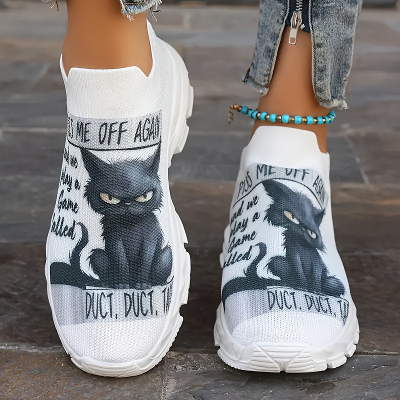 Women’s Cat Pattern Slip-On Sneakers Breathable Fabric Low Top Casual Shoes