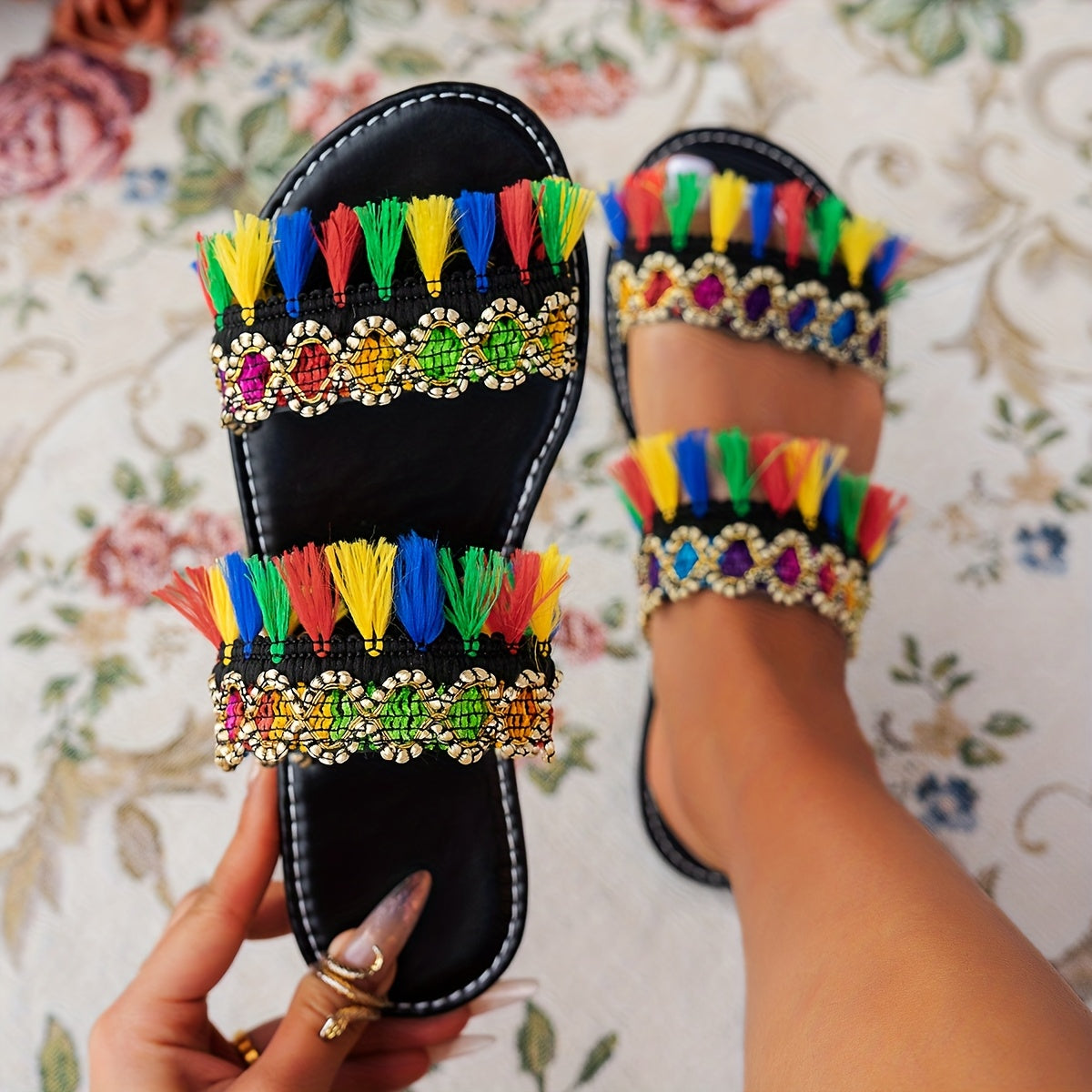 Women's Bohemian Flat Slide Sandals with Tassel Beads for Summer Beach Casual
