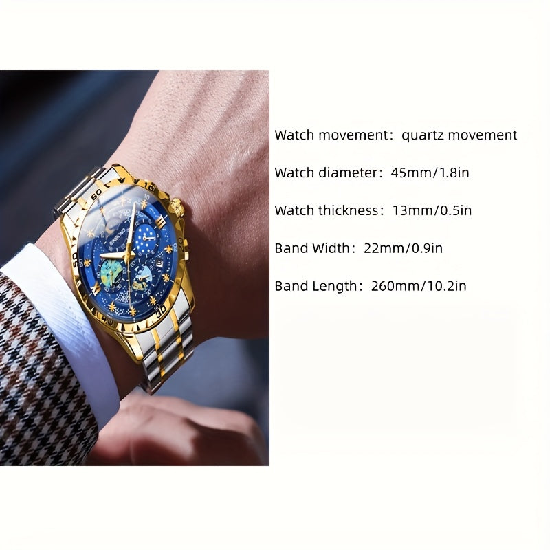 Erkaklar uchun yorqin kvarts soat, sana ko'rsatuvchi, alloy band, biznes-kosmik