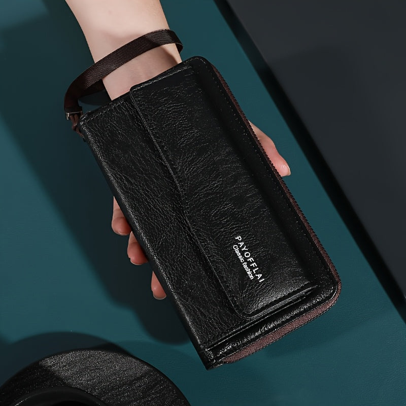 Men's Faux Leather Wallet with Wrist Strap and Zipper Multiple Card Slots Black