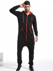 Men's Winter Pajama Jumpsuit Solid Long Sleeve Knit Polyester Hooded Pockets Comfortable Lounge Wear