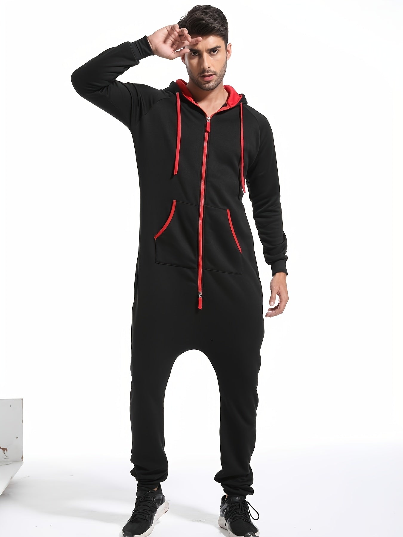 Men's Winter Pajama Jumpsuit Solid Long Sleeve Knit Polyester Hooded Pockets Comfortable Lounge Wear