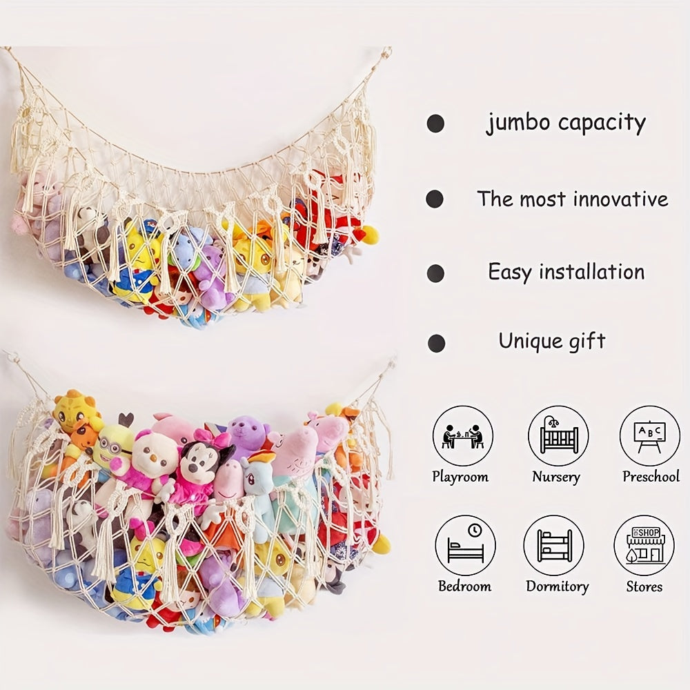 Handcrafted Lace Hanging Storage Net for Plush Toys and Cotton Rope Corner Organizer
