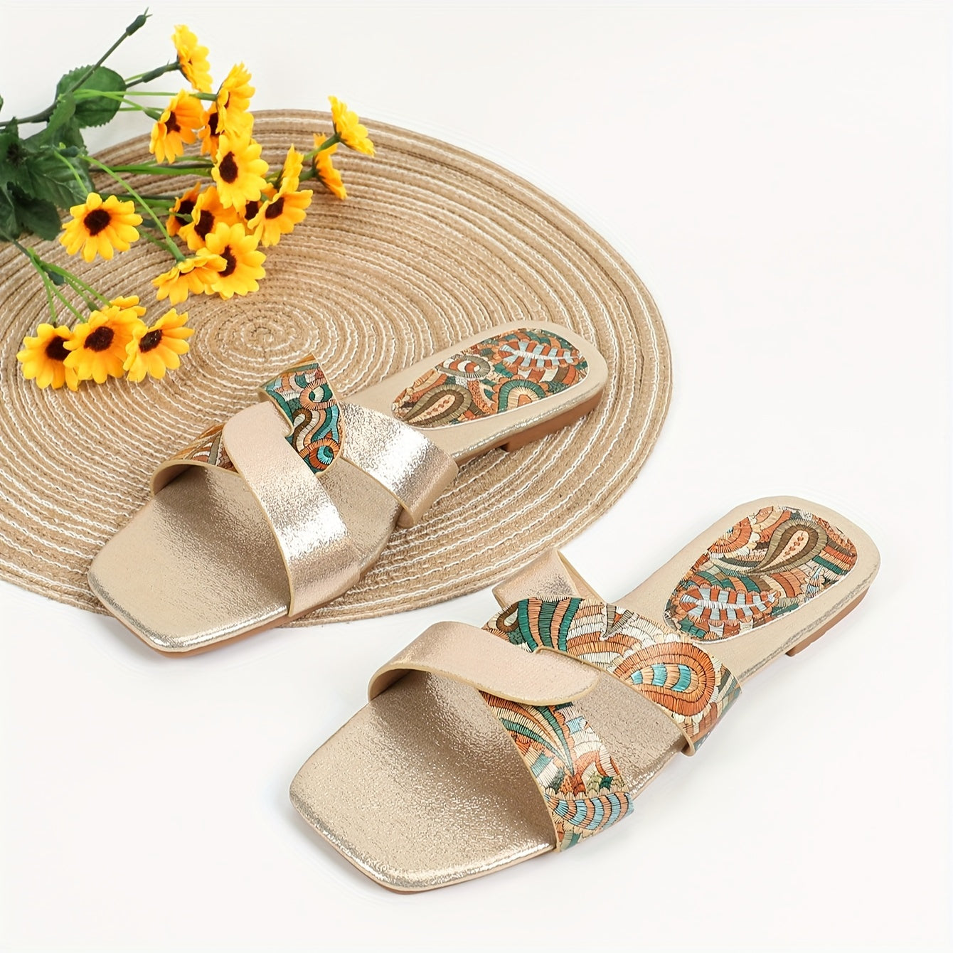 Women's Paisley Pattern Flat Slides with Square Toe Casual Outdoor Beach Sandals