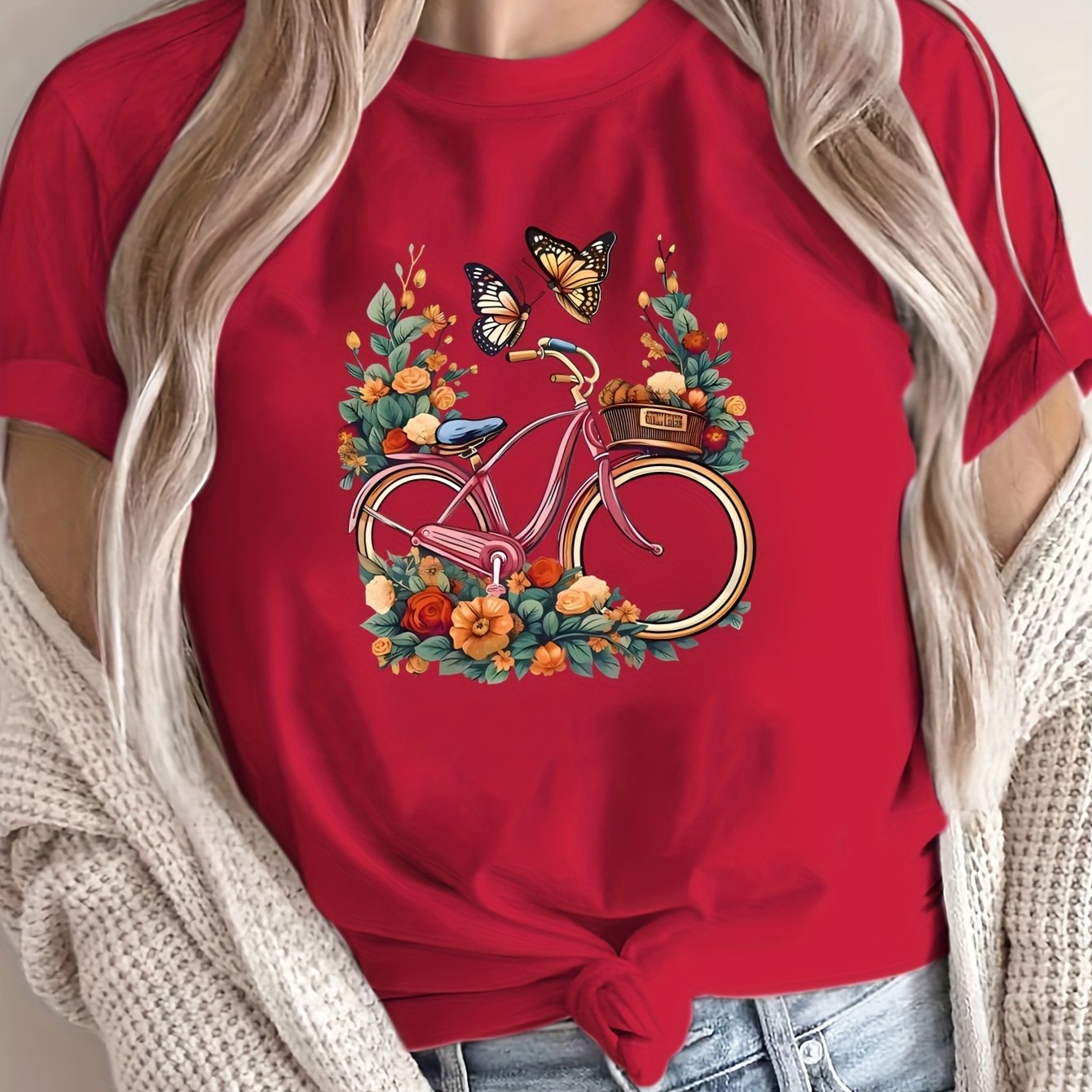 Women’s Floral Bicycle Print T-Shirt Casual Crew Neck Breathable Polyester Black