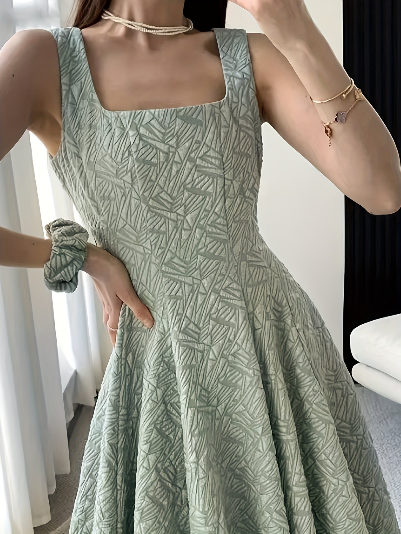 Adult Jacquard Square Neck Flared Dress Solid Polyester Spring Summer