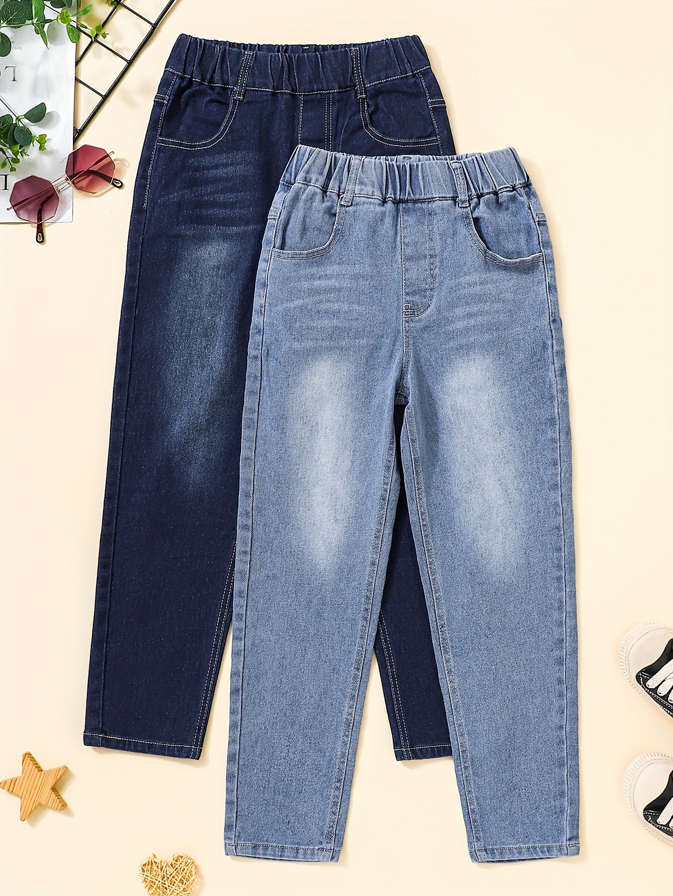 Boys Baggy Jeans with Pockets Cotton Blend Elastic Waist Casual Streetwear for Kids