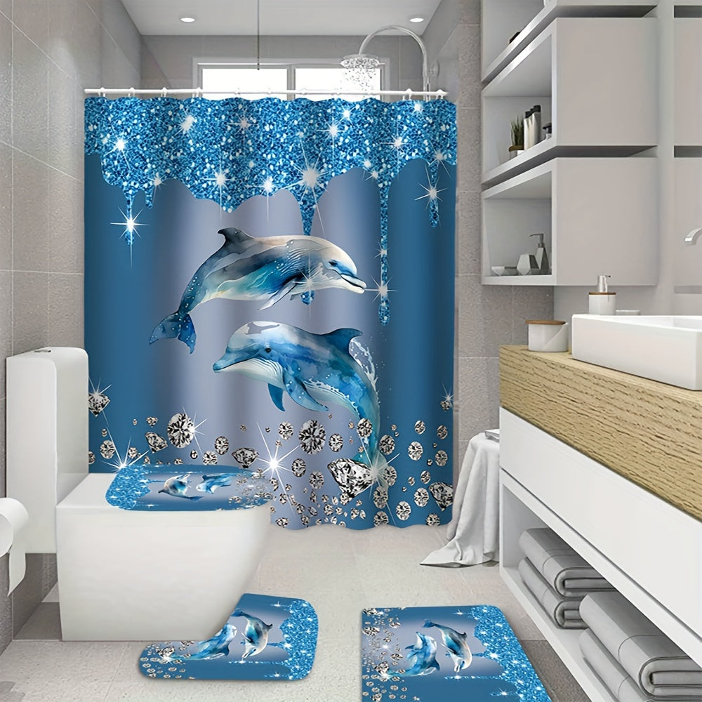 Dolphin Shower Curtain Set with Bath Mat Waterproof Polyester Ocean Theme Bathroom Decor