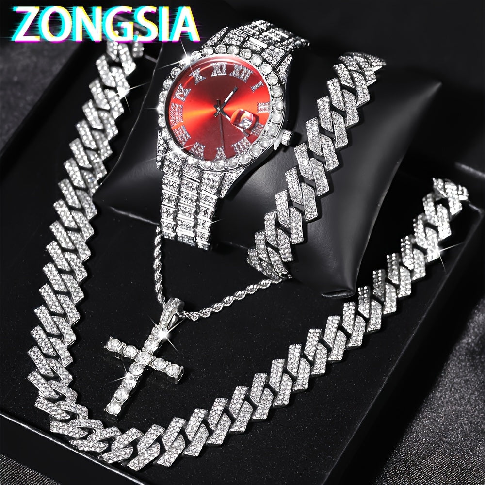 Men's Watch and Jewelry Set with Cuban Chain Necklace and Bracelet