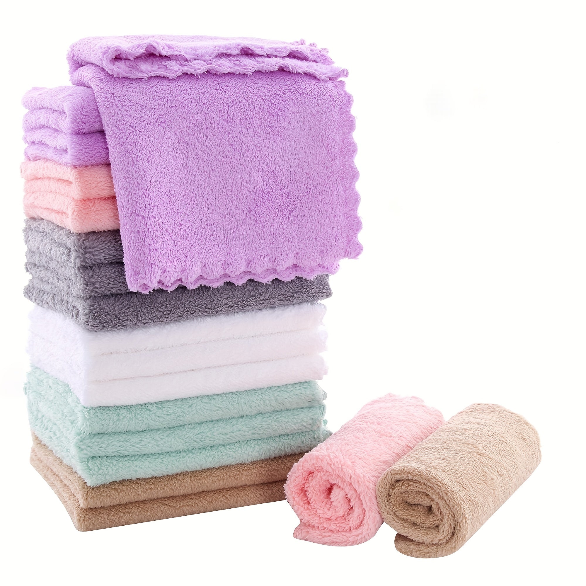6/12 Pcs Coral Fleece Washcloths Solid Color Soft Absorbent 25.4cm Bathroom Towels
