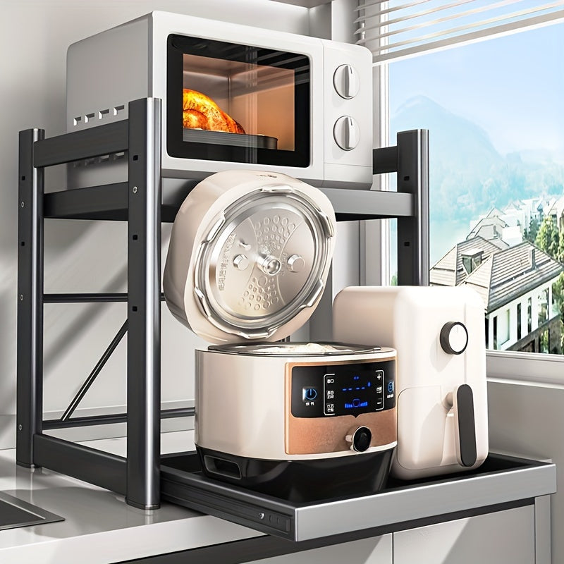 Soporte de microondas de metal con cajón y estantería abierta para almacenamiento en la cocina