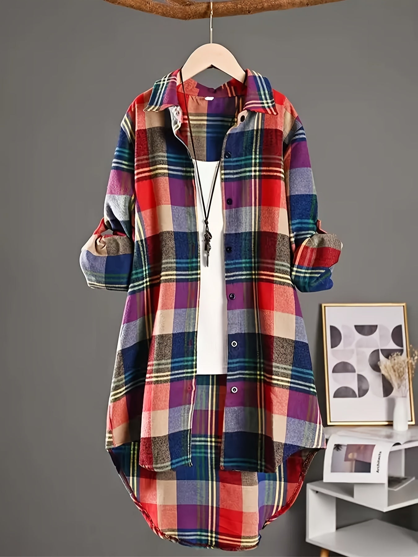 Plus Size Women's Plaid Shirt Polyester Long Sleeve Woven Blouse