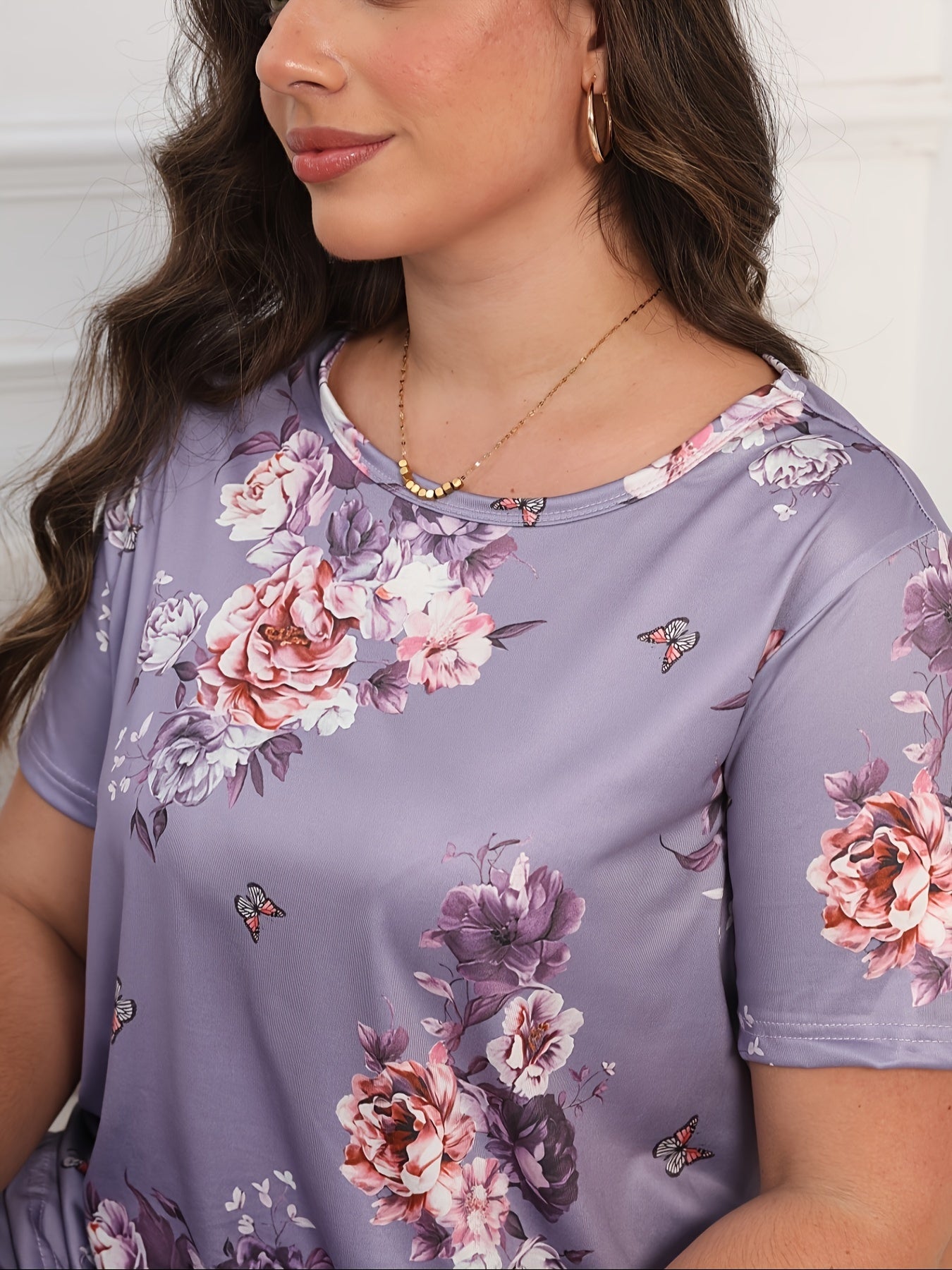 Plus Size Floral Knit Pajama Set with Short and Long Sleeves in Purple