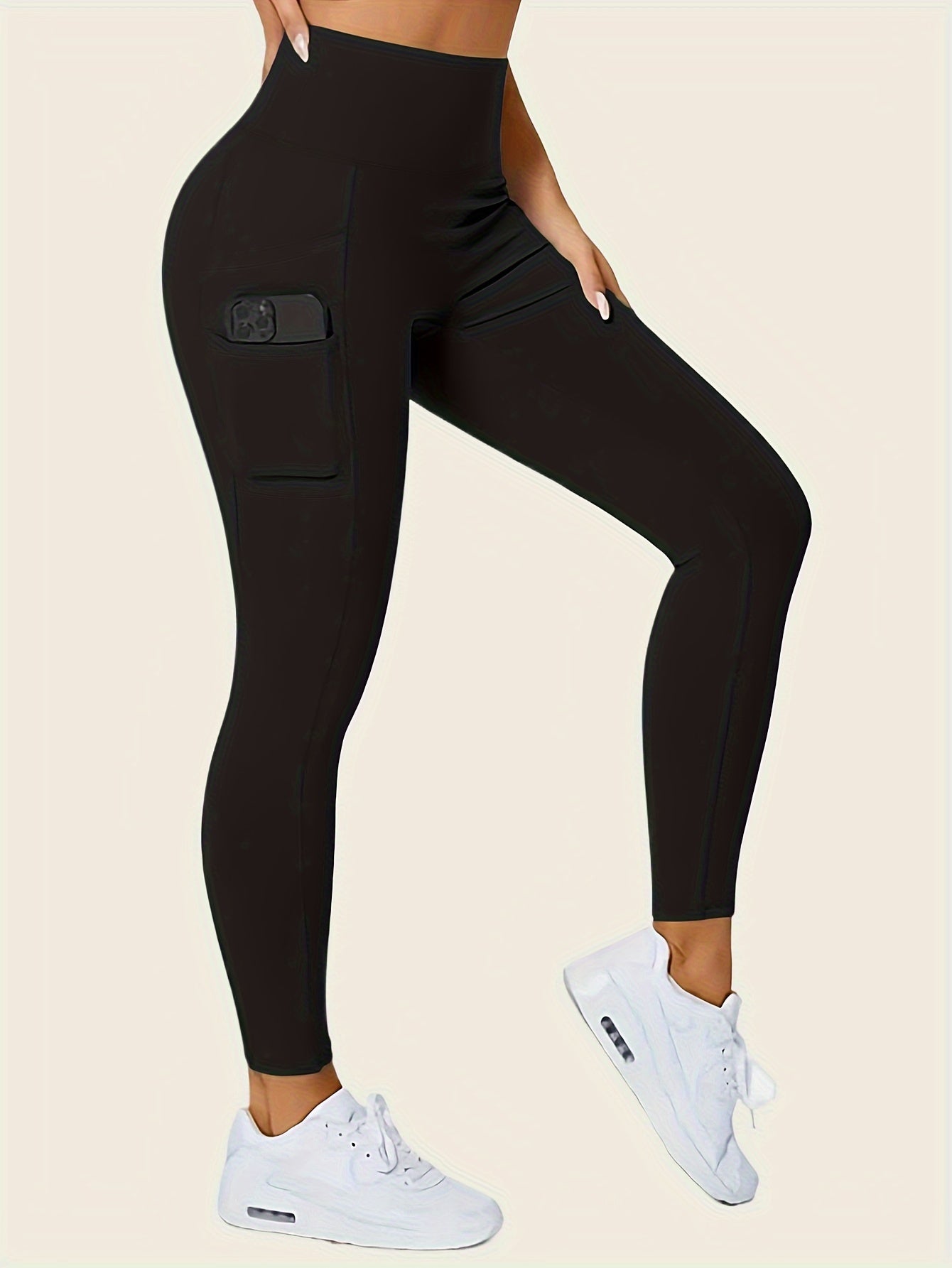Women's Seamless High Rise Leggings with Side Pockets Solid Color Elastic Knit Fabric