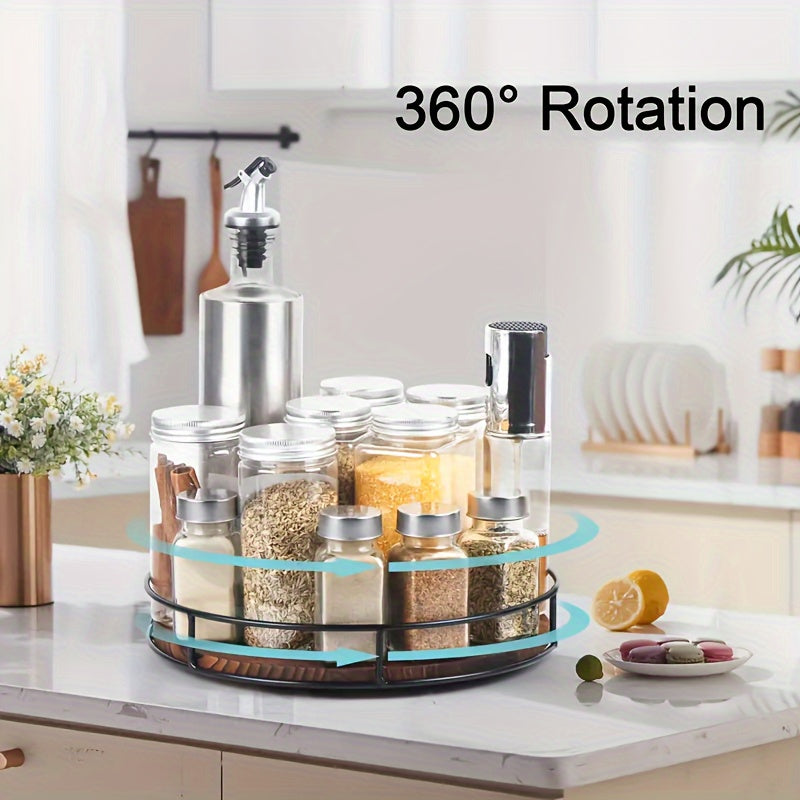 Wooden Rotating Storage Rack with Steel Handrails Kitchen Seasoning Turntable Solid Wood Organizer