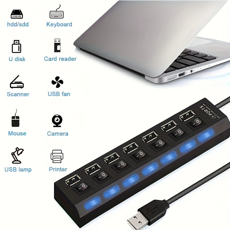 USB Hub with 4 or 7 Ports LED Light and Power Switch for PC Laptop
