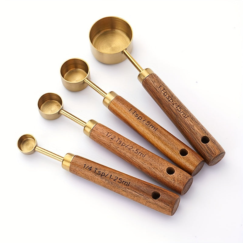 Juego de 4 tazas y cucharas medidoras de acero inoxidable con mangos de madera
