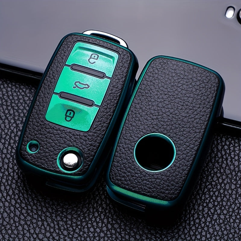 Car Key Protective Cover Leather Grain 3-Button Anti-fall Wear-Resistant