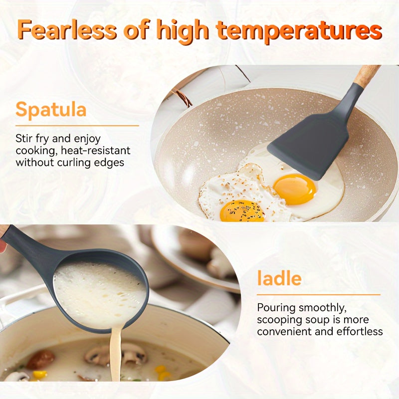 Премиум набор кухонных принадлежностей из силикона с деревянными ручками - включает 6 основных предметов: лопатка, ложка, шпатель, кисточка и венчик. Устойчив к высоким температурам и безопасен для посуды с антипригарным покрытием, без BPA.