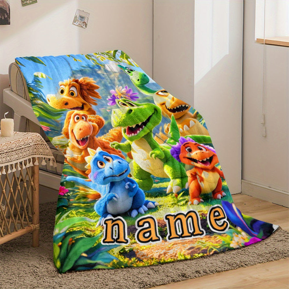 Personalized Fleece Blanket with Custom Name and Cartoon Dinosaur Print Lightweight Flannel Throw for Sofa Bed Travel Living Room Office