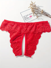 Women's Lace Trim Triangle Lingerie and Mesh Open Crotch Panties