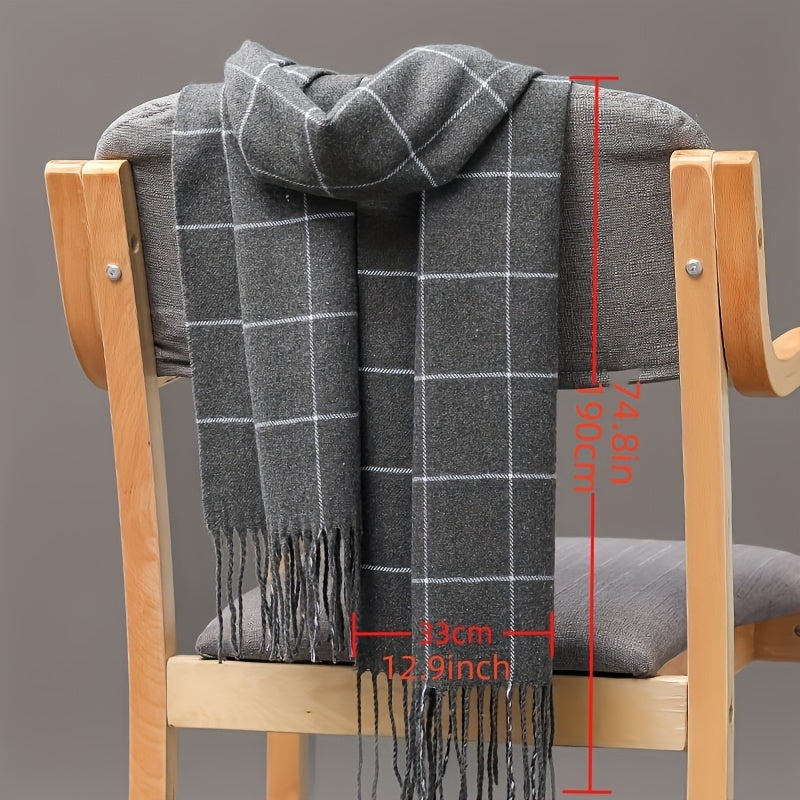 Men's Imitation Cashmere Scarf with Tassel Detail in Plaid Pattern for Fall Winter