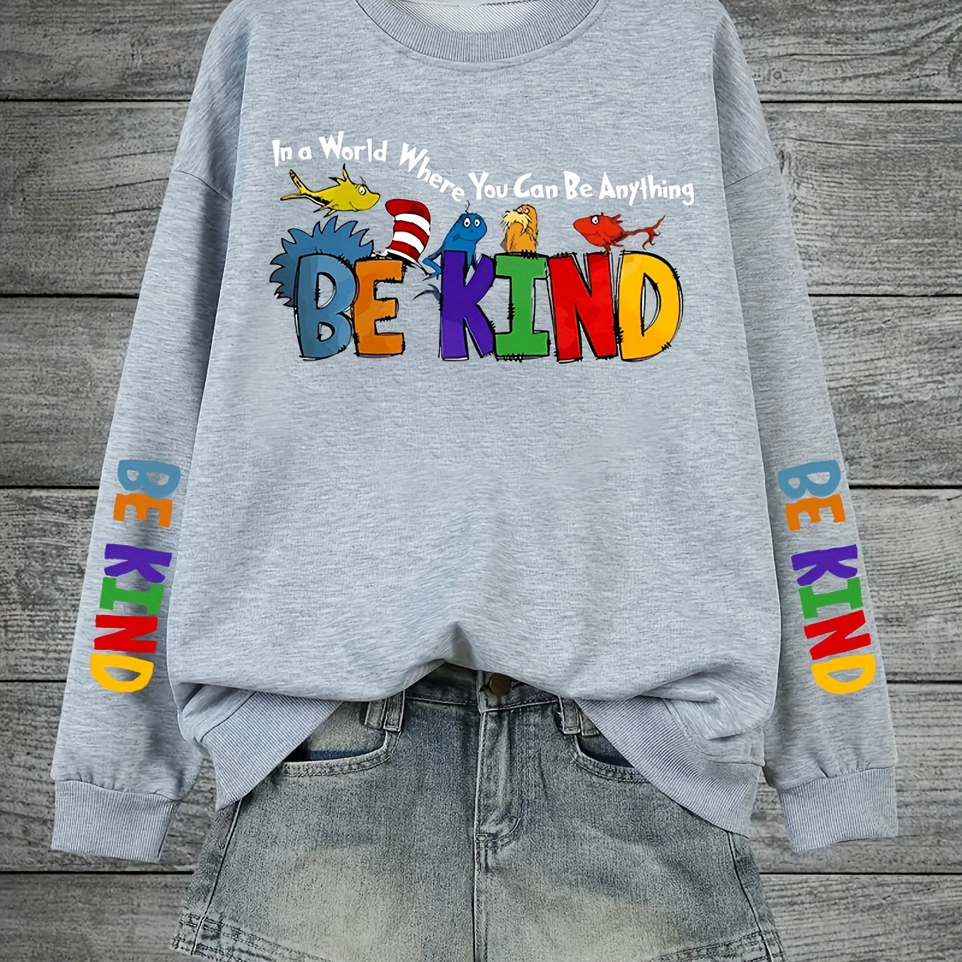 Plus Size Women's Casual Print Pullover Sweatshirt Long Sleeve Crew Neck