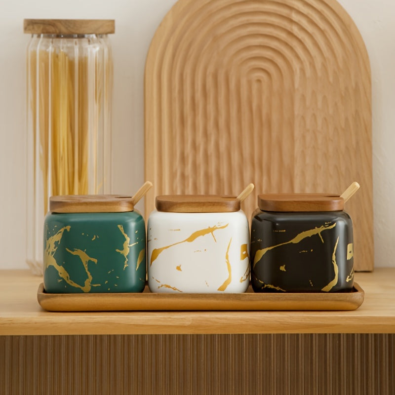 Ceramic Spice Set with Salt and Pepper Jars and Wooden Lids for Kitchen Decor