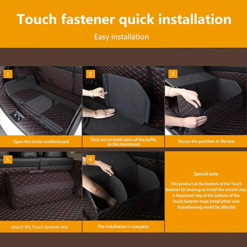 Premium PU charmli avtomobil yukxonasini tashkil etuvchi, yig'iladigan yuk saqlash qutisi va tortish montaji bilan. O'yinchoqlar, oziq-ovqat va boshqa narsalar uchun ko'p funksiyali, qora rangdagi zamonaviy dizayn va olmos tikuv naqshiga ega.