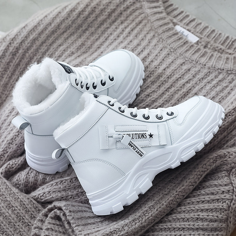 Botas altas de invierno para mujer con forro de piel sintética, impermeables y con cordones blancas