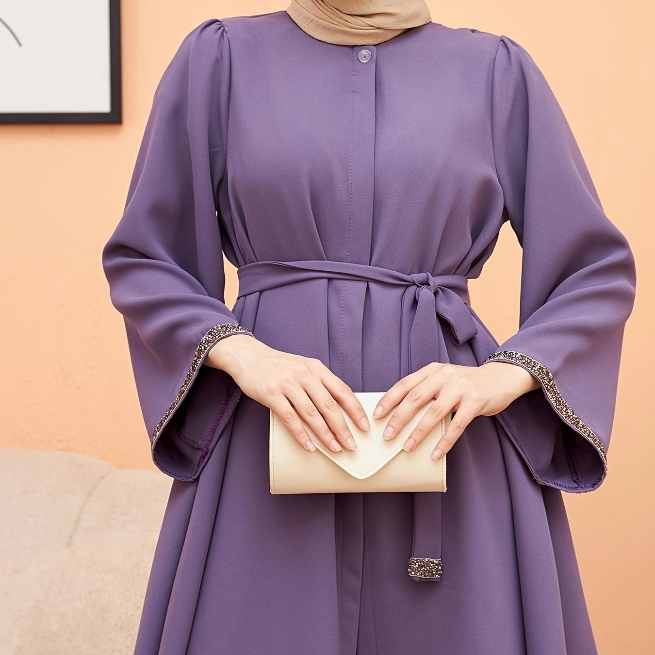 Women's Polyester Kaftan Dress with Contrast Trim and Belt