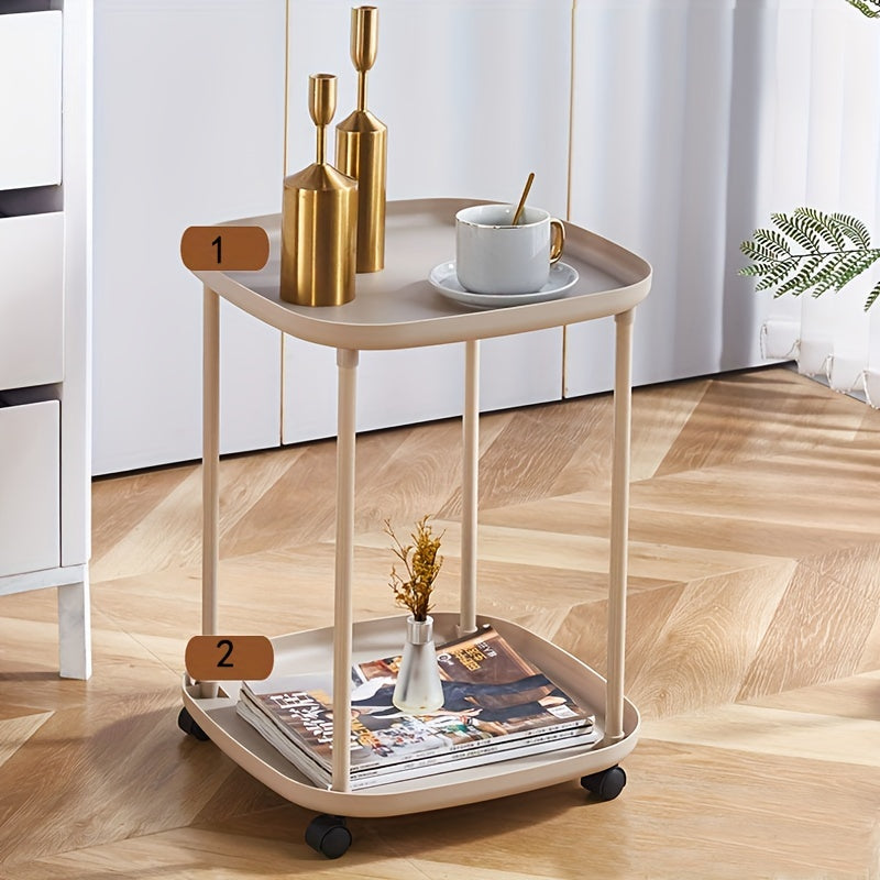 Mesa auxiliar compacta con ruedas y almacenamiento para uso en café y junto a la cama