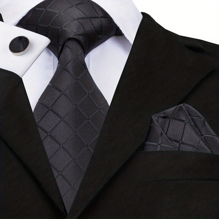 Men's Jacquard Woven Black Tie Set with Cufflinks and Hanky for Weddings and Business