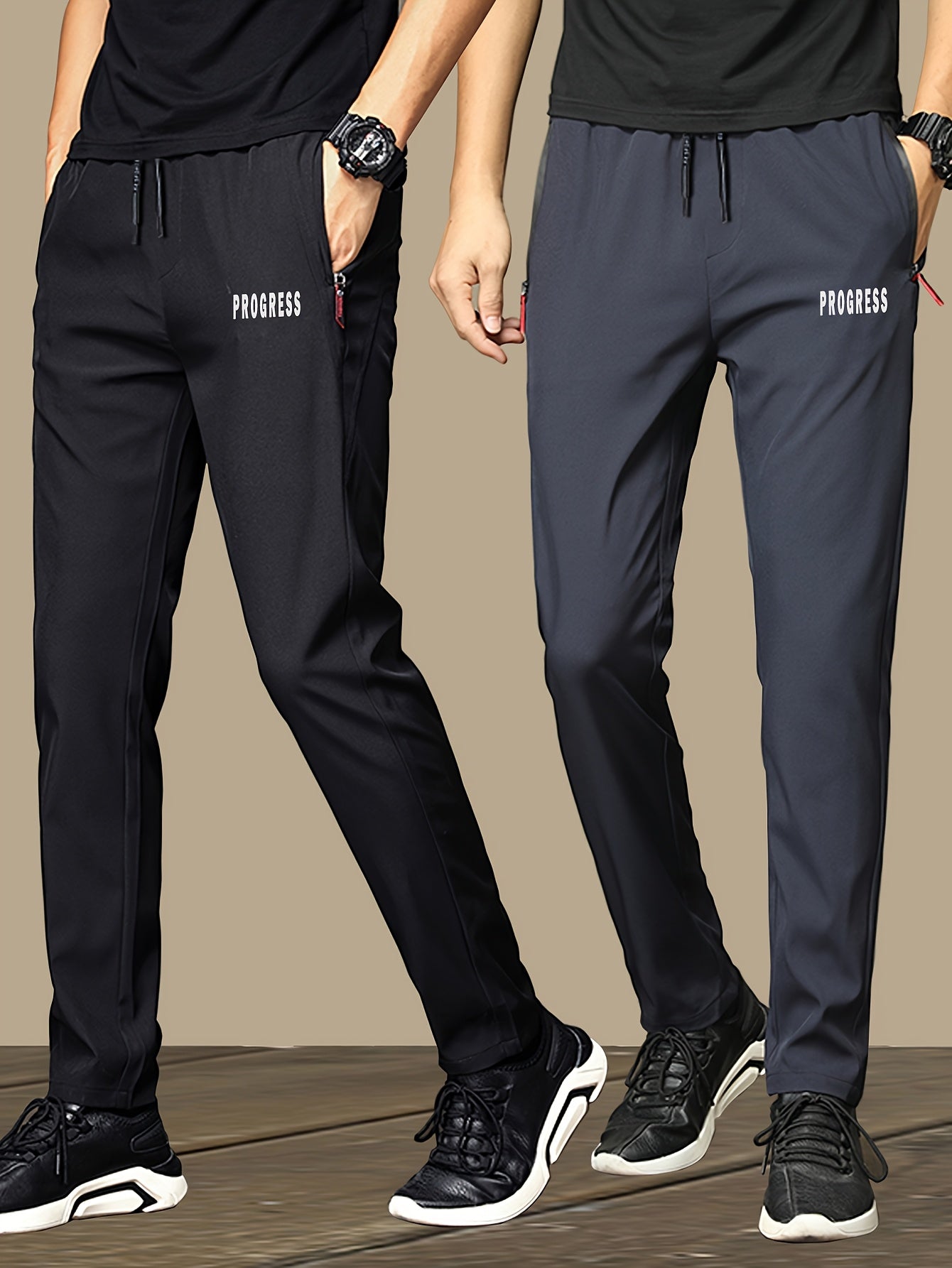 Men's Polyester Casual Joggers with Zipper Pockets Drawstring Waist in Black and Gray