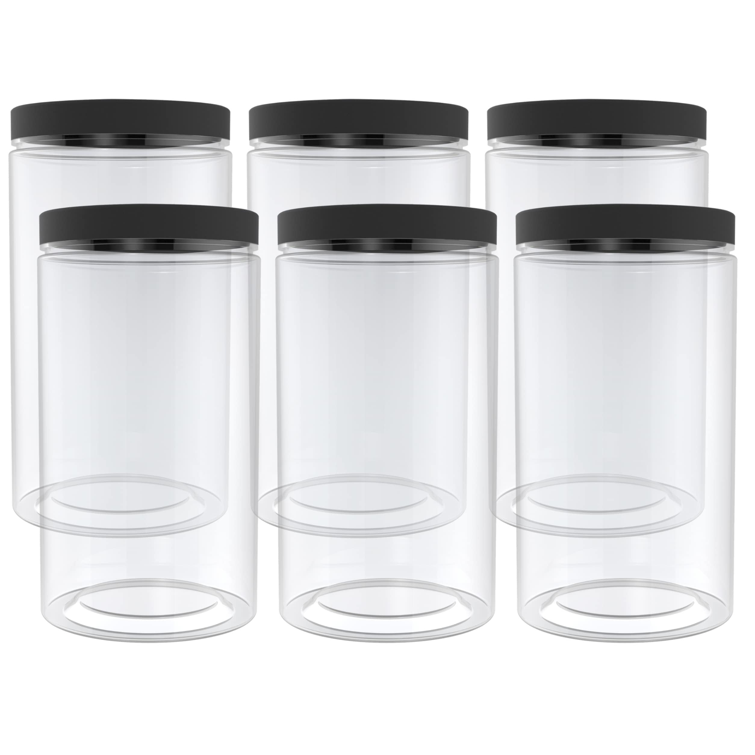 Set of 6 43oz Clear PET Food Storage Jars with Black Lids Wide Mouth BPA Free