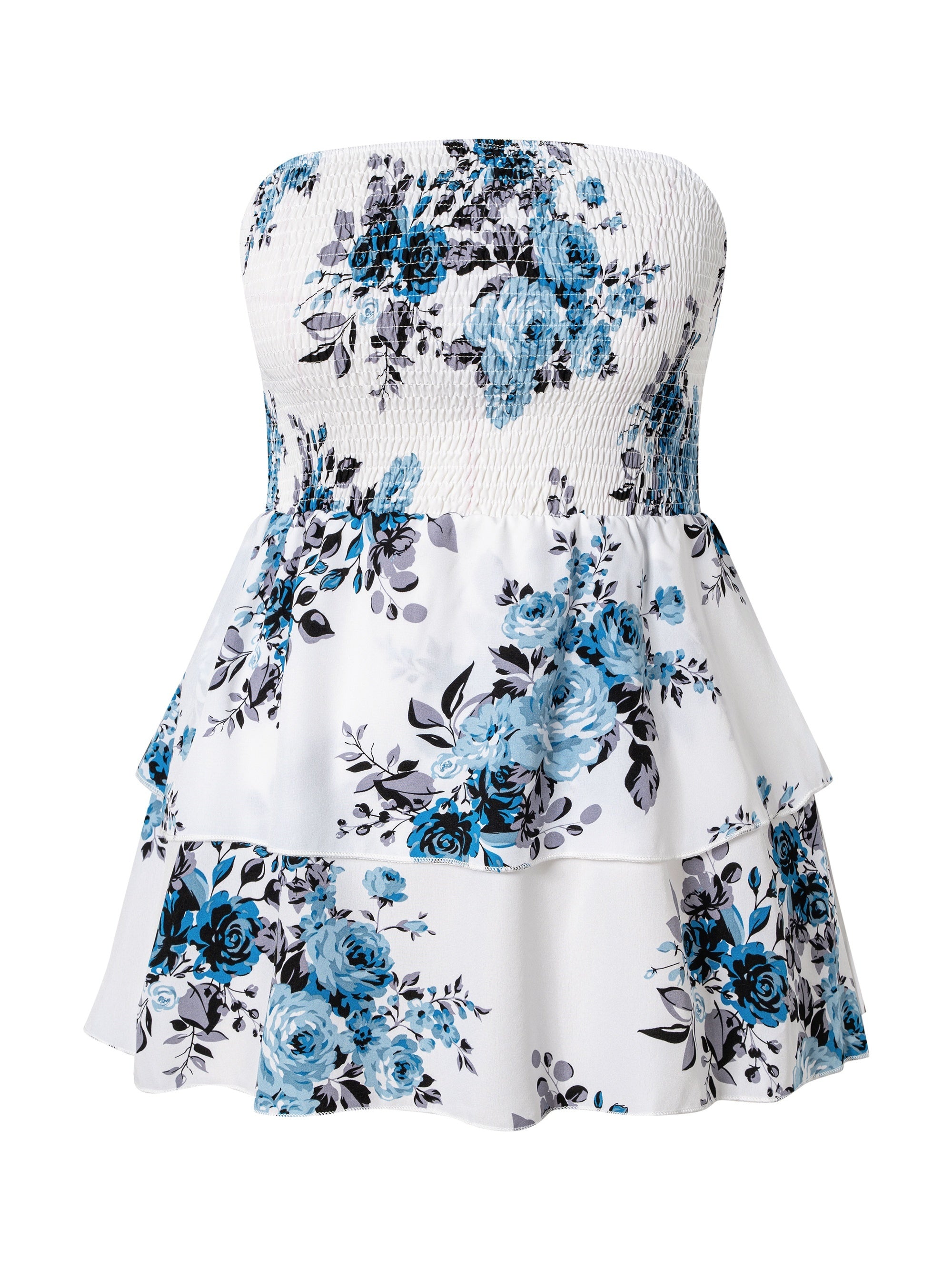 Plus Size Floral Print Shirred Layered Strapless Top for Summer and Spring