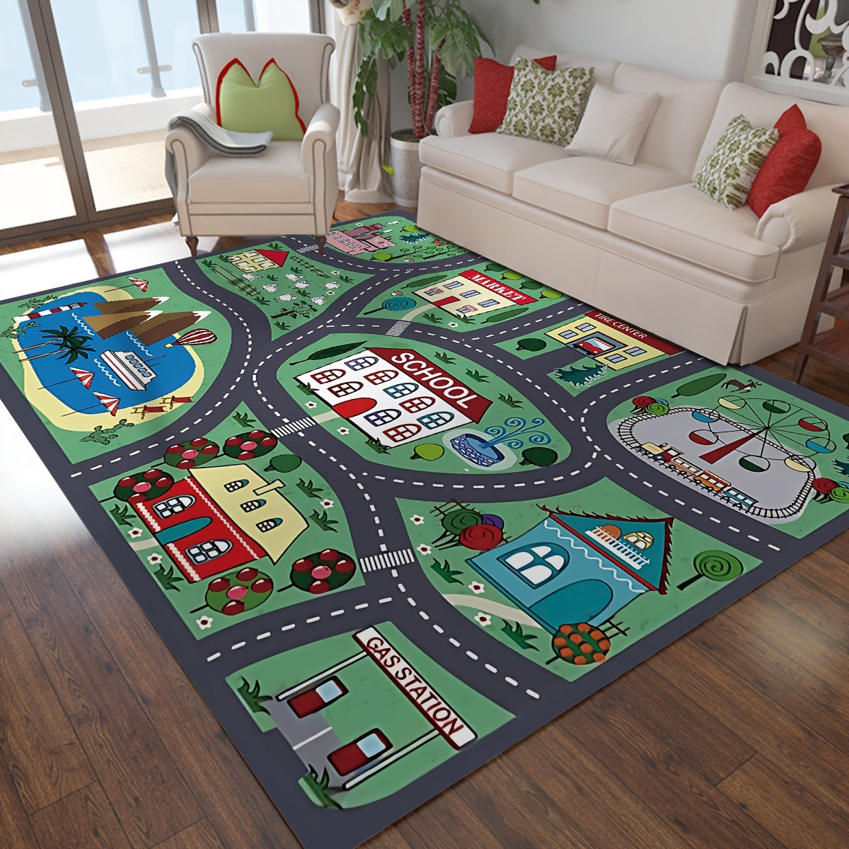 Urban Road Pattern Area Rug Non-Slip Moisture-Proof Polyester for Living Room Bedroom Kitchen