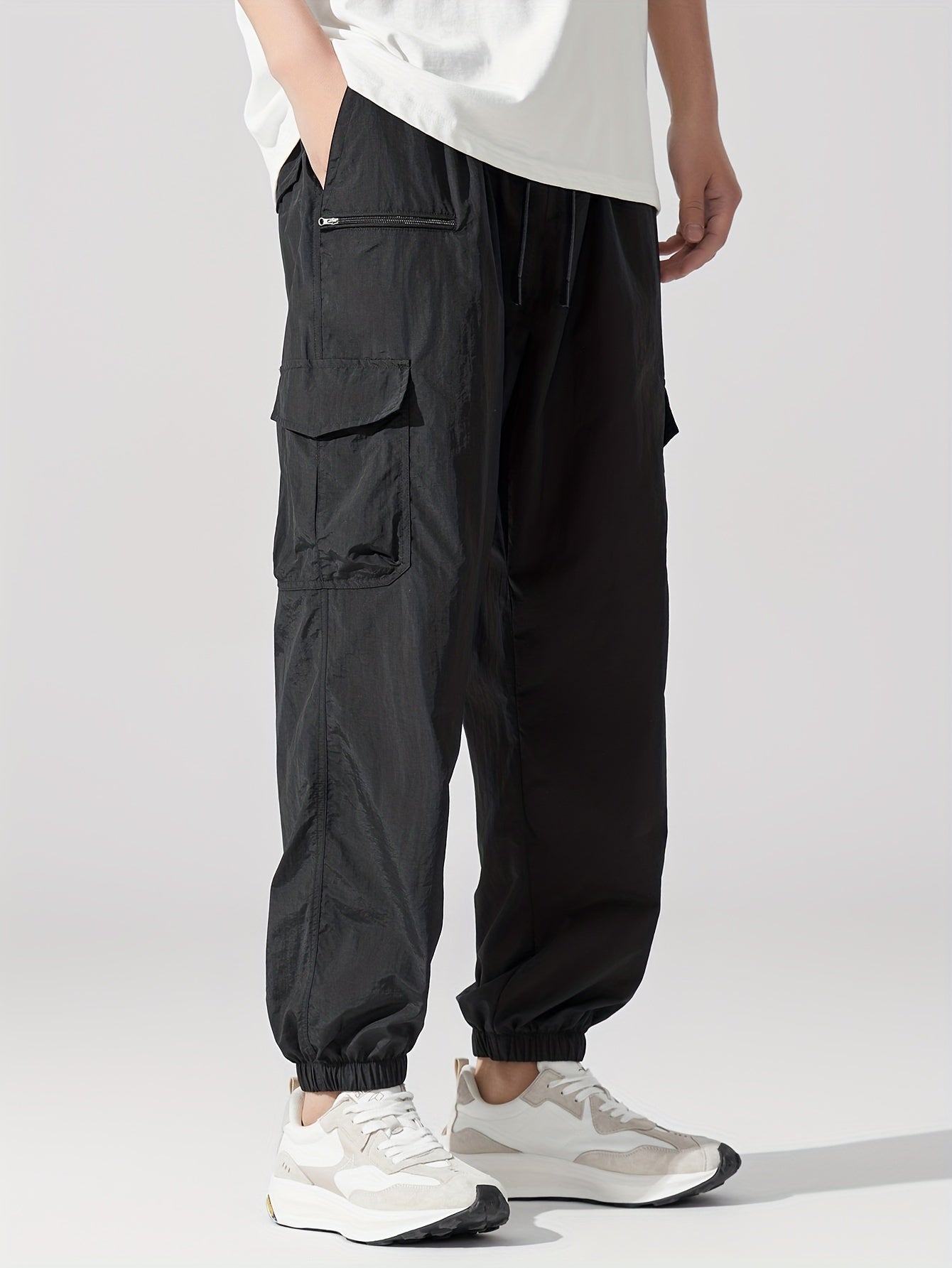 Plus Size Men's Black Nylon Joggers Lightweight Loose Fit Casual Sporty Sweatpants