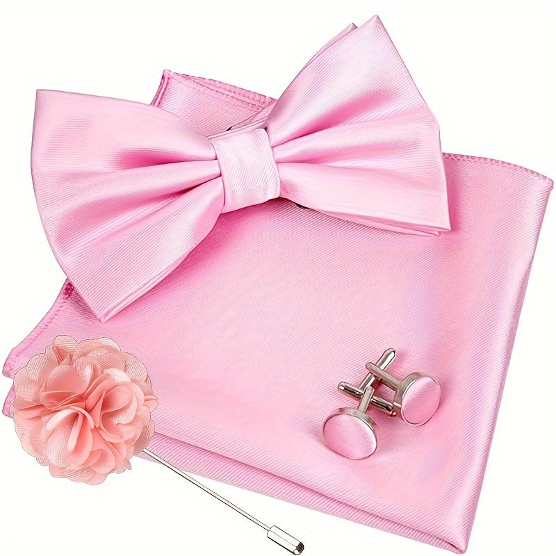 Men's 4-Piece Suit Accessory Set Silk Bow Tie Flower Lapel Pin Cufflinks Handkerchief for Weddings