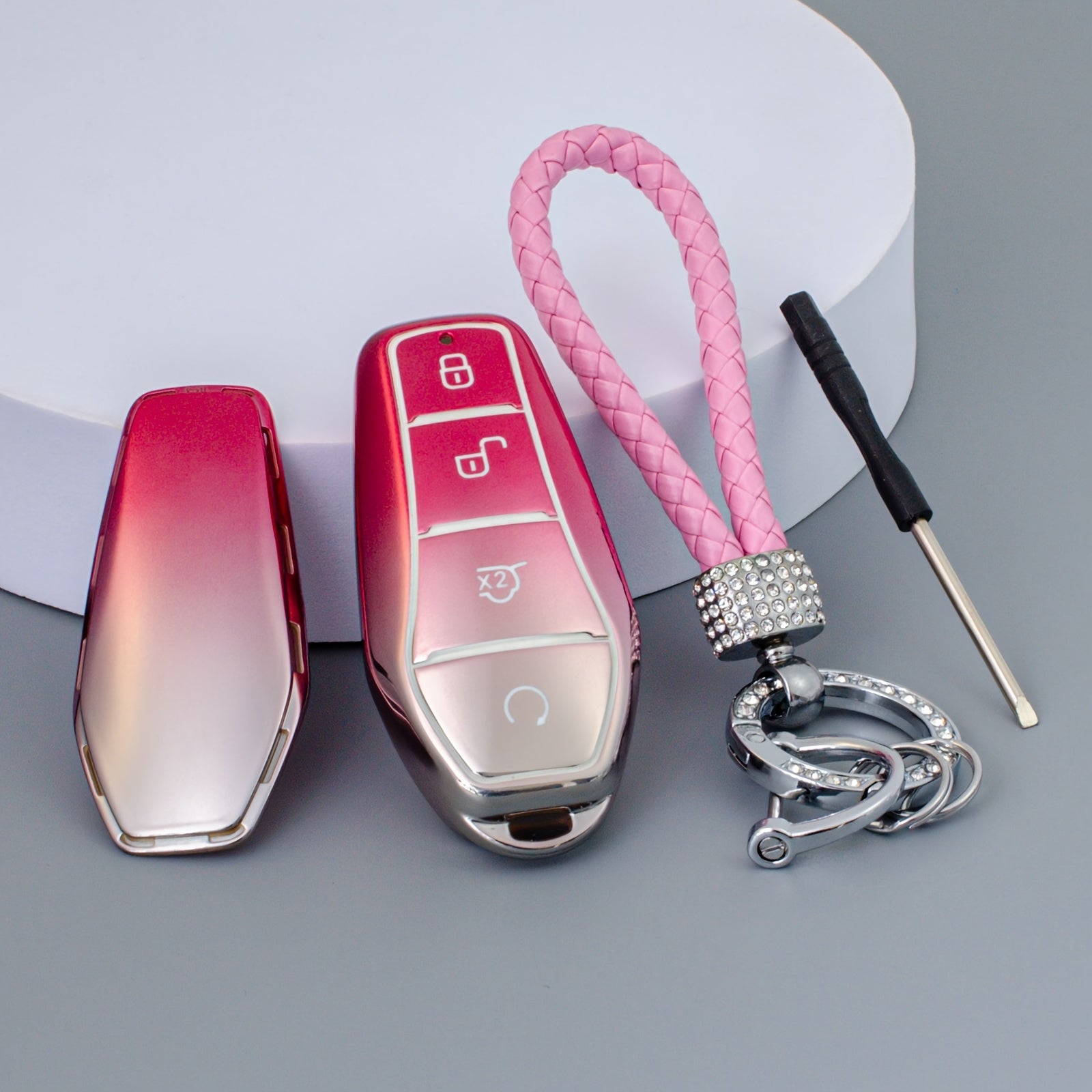 Pink TPU Key Fob Cover with Rhinestone Charm for EVs Durable Protective Case