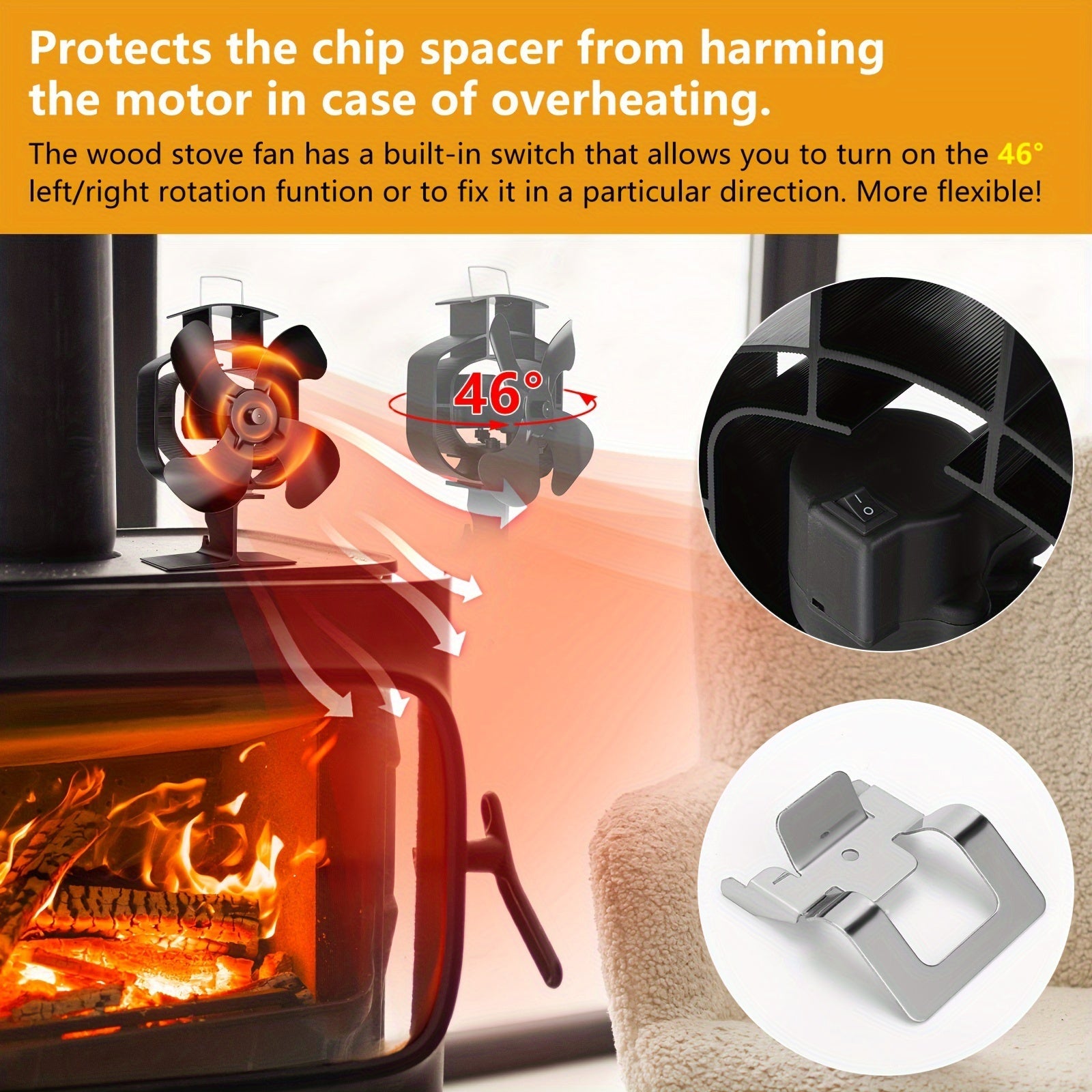 Wood Burning Stove Fan 4-Blade Heat Powered Silent Motor for Gas Pellet Log Stoves