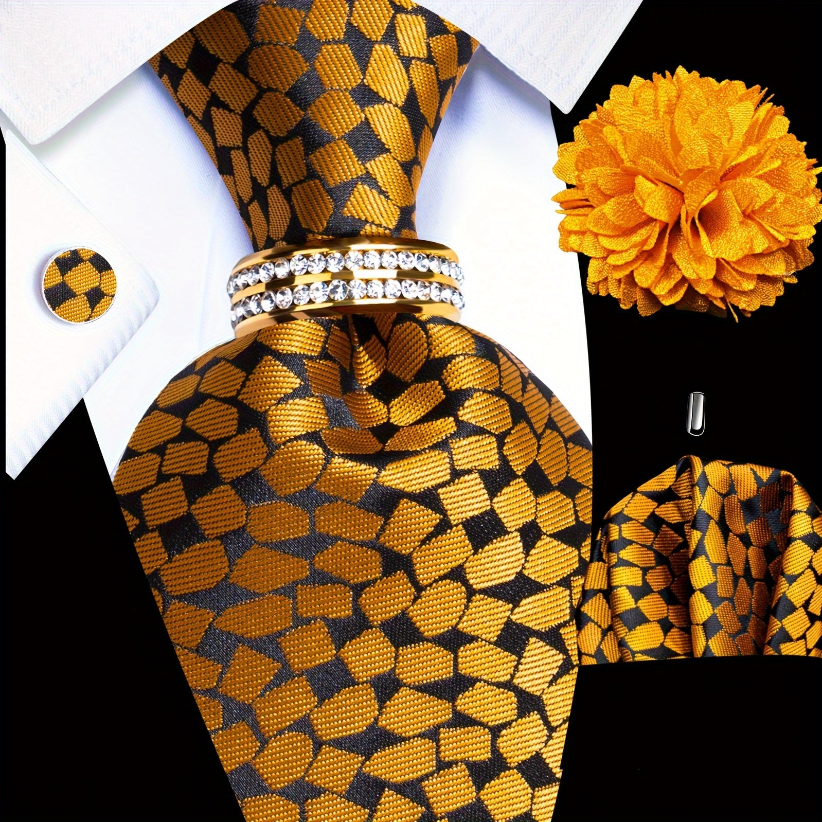 Men's Formal Tie Set with Pocket Square Cufflinks Tie Clip Lapel Pin and Ring for Weddings and Occasions