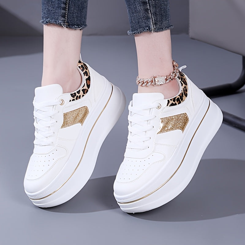 Women's Casual Thick-Sole Sneakers White Gold Low-Top Comfortable Lace-Up All-Season