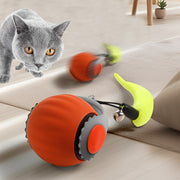 Interactive Cat Toy with Bell and Long Tail USB Rechargeable Rolling Teaser Ball in Red and Gray