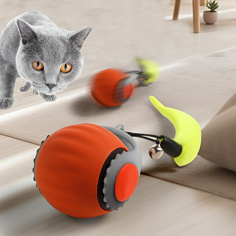Interactive Cat Toy with Bell and Long Tail USB Rechargeable Rolling Teaser Ball in Red and Gray