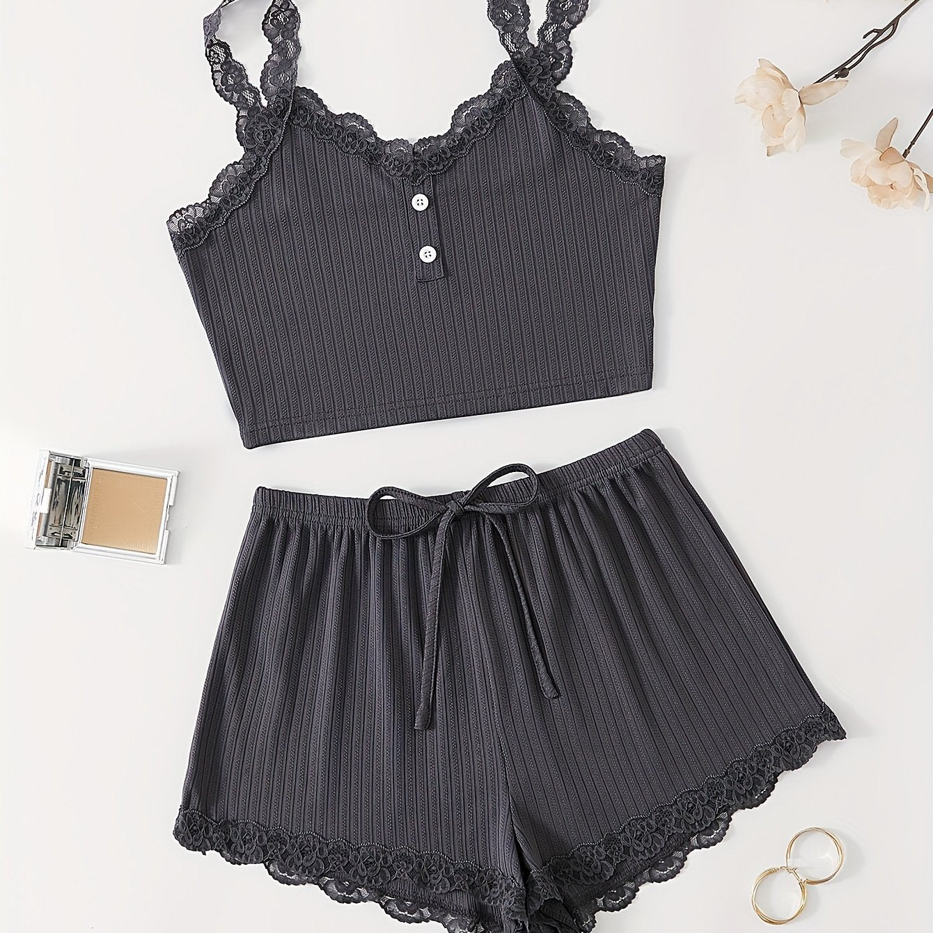 Women's Ribbed Lace Trim Pajama Set V-Neck Crop Top and Shorts Summer Nightwear