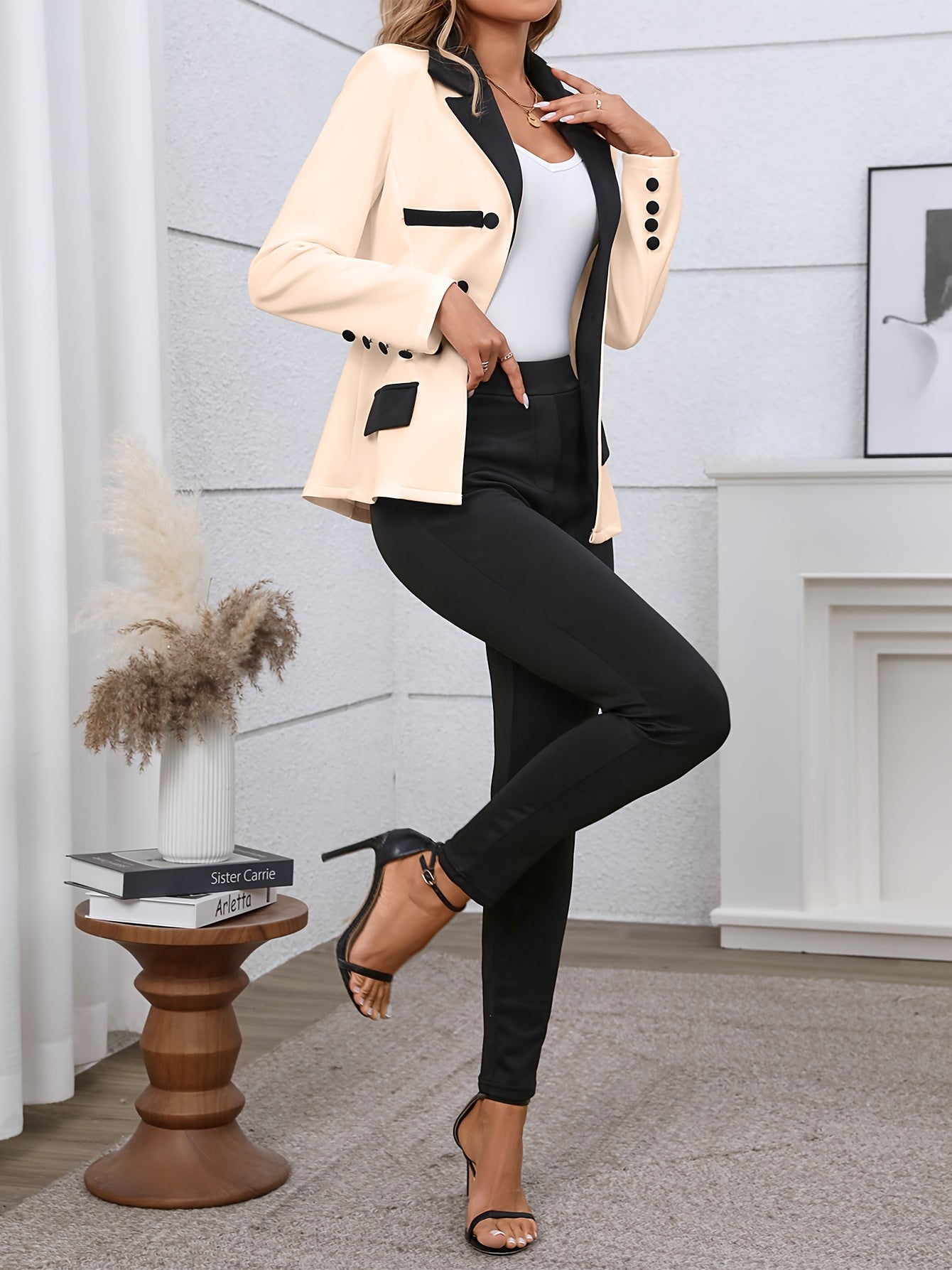 Women's Color Block Blazer and Pants Set Casual Spring Fall Polyester Knit